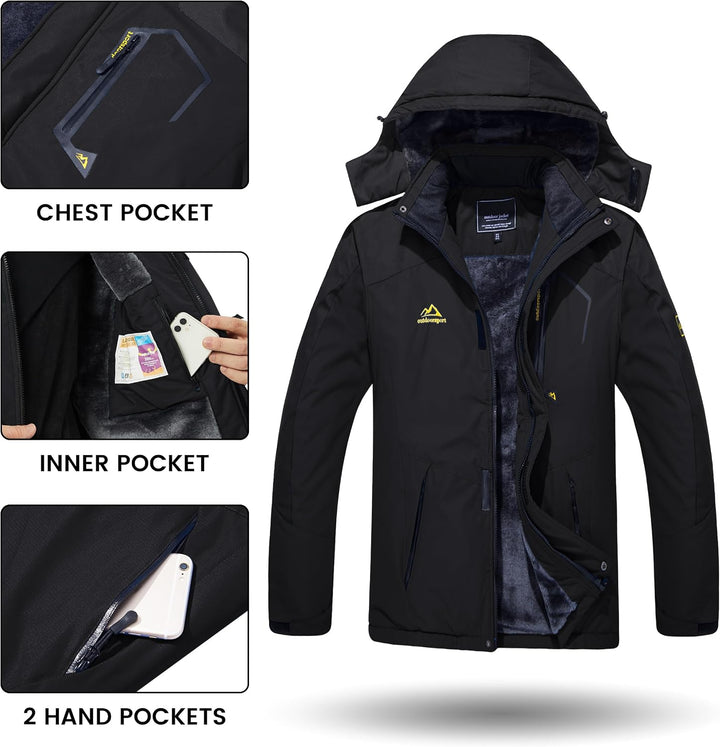 TACVASEN Herren Winter Wasserdichte Winddichte Winterjacke Warme Fleece-Futter Ski Regenmantel mit K