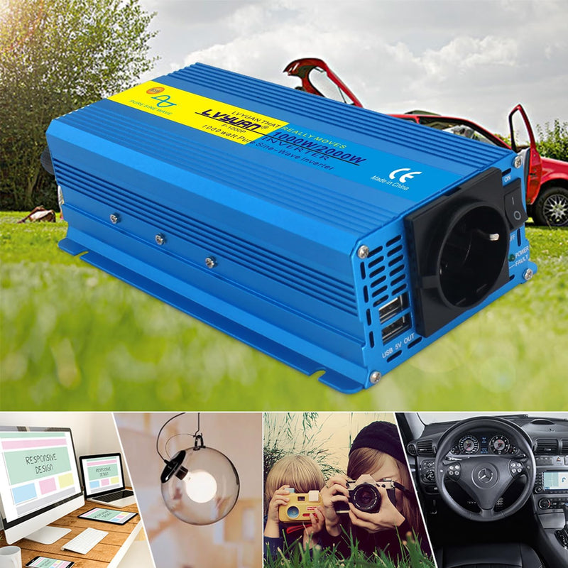 Yinleader Wechselrichter 1000W /2000W 12V 230V Reiner Sinus Spannungswandler mit 1 Steckdose 2 USB A