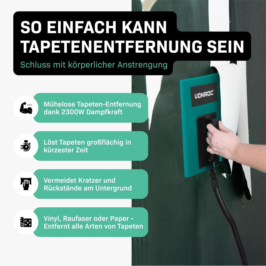 VONROC Tapetenlöser 2300 W – 4,5 l – 4 m langer Schlauch, Spachtel für Wände und 2 Dampfplatten im L