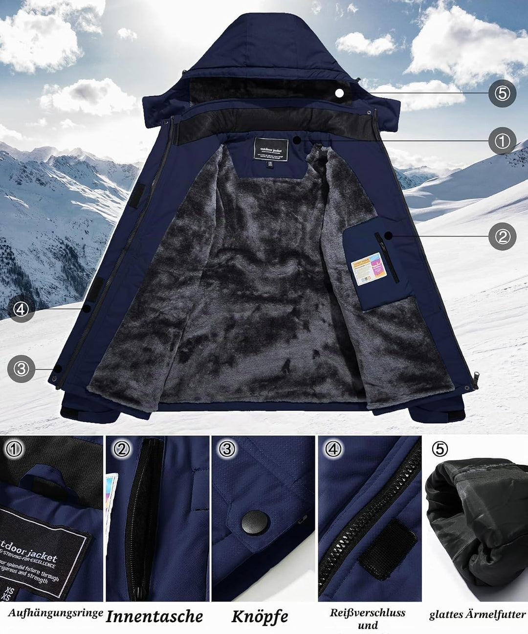 TACVASEN Damen Übergangsjacke Warm Winterjacke Gefüttert Wanderjacke Ski Jacket mit Wasserdichtem Re