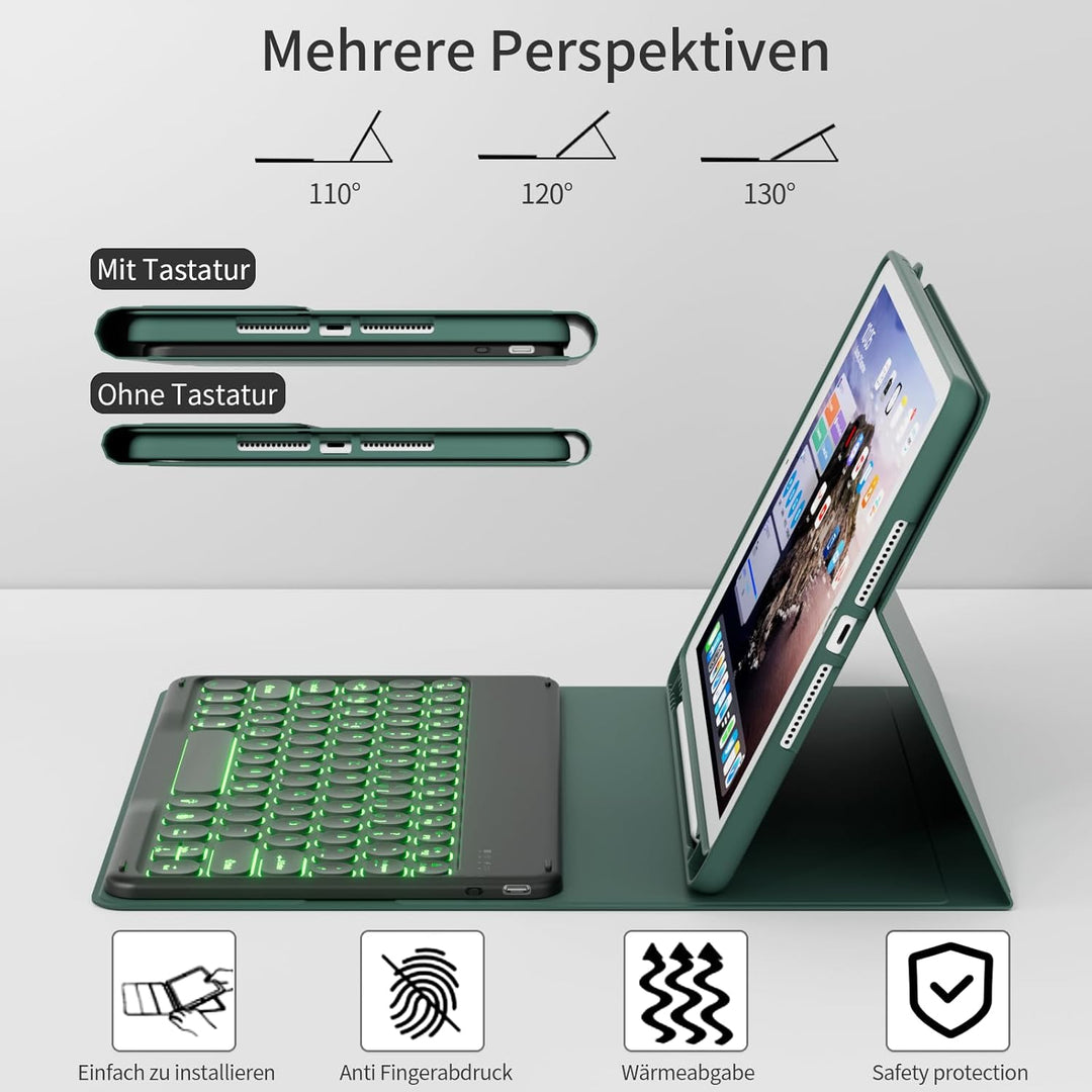 Hülle mit Tastatur für iPad 9/8/7 Generation (2021/2020/2019) 10.2 Zoll Soft TPU Rückschalemit Stift