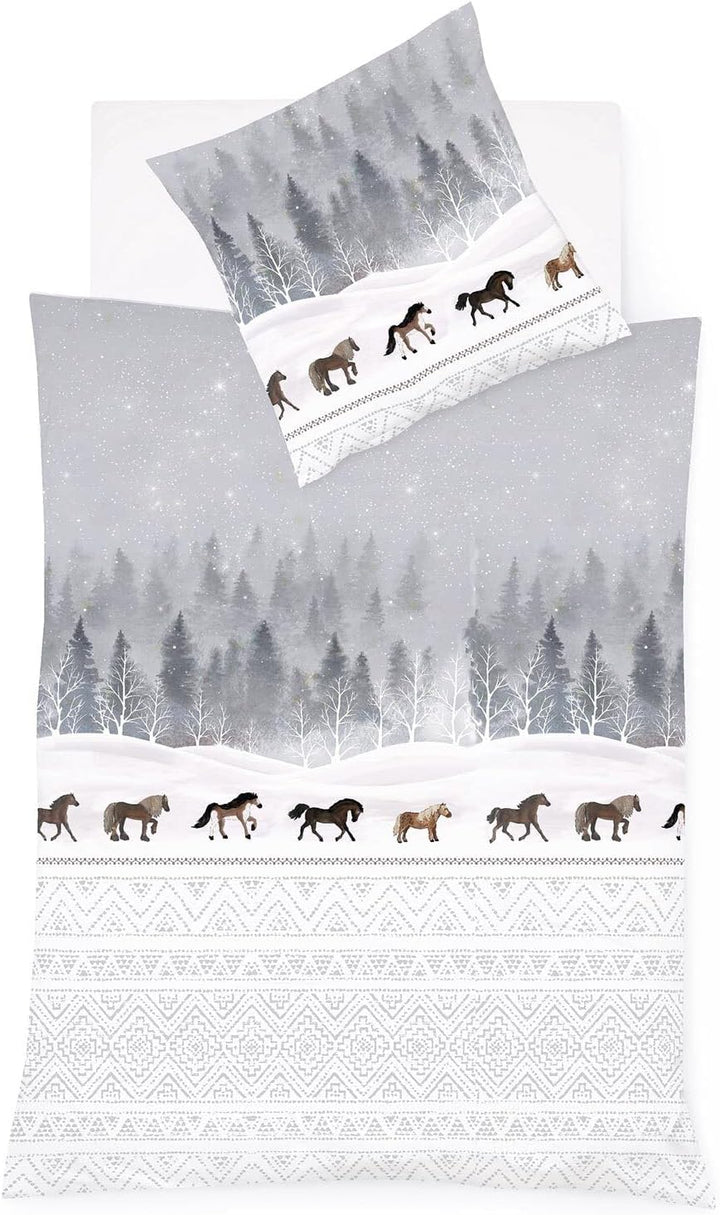 fleuresse Feinbiber Bettwäsche Aspen Pferde Silber 1 Bettbezug 135 x 200 cm + 1 Kissenbezug 80 x 80