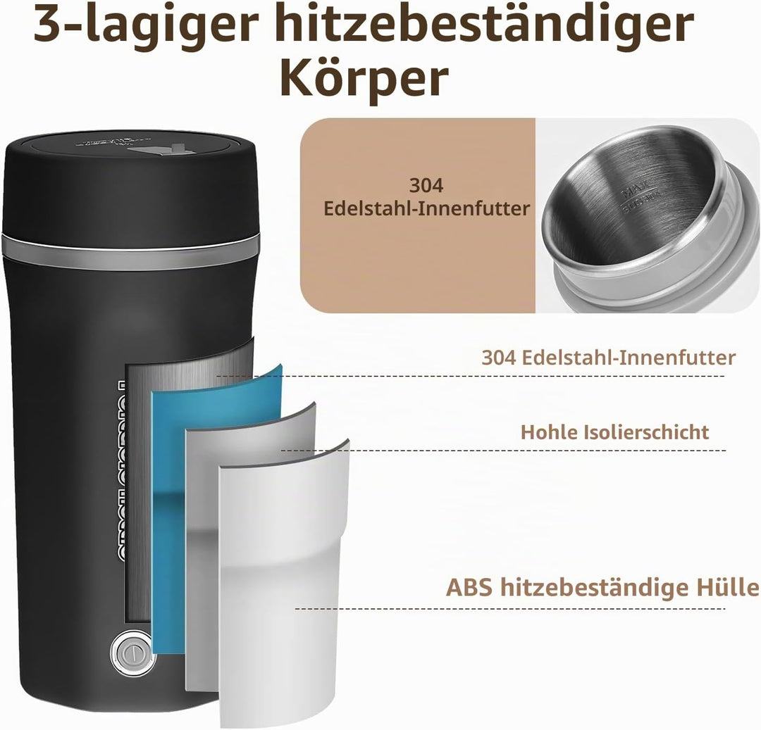 Reise Wasserkocher Klein Elektrische Wassertasse 500ML Tragbarer Mini-Heizbecher 304 Edelstahl Liner