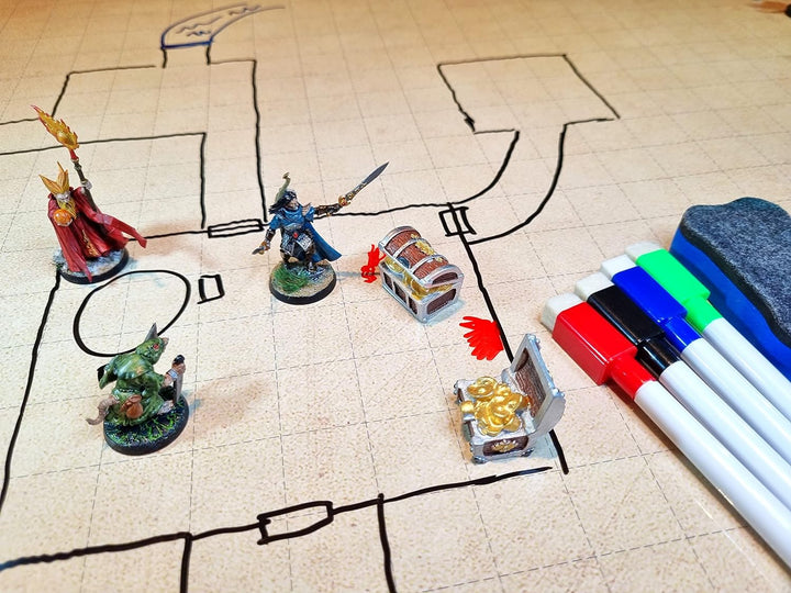 Power Beast Dungeon Grid Game Mat + 4 Marker und Radiergummi + 4 Schatztruhen, Role Playing Game Boa