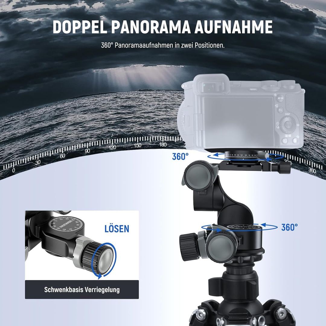 NEEWER TH15 3-Wege-Getriebe-Stativkopf mit 360°-Panorama-Arca-QR-Platte, Millimeter-Mikroeinstellung