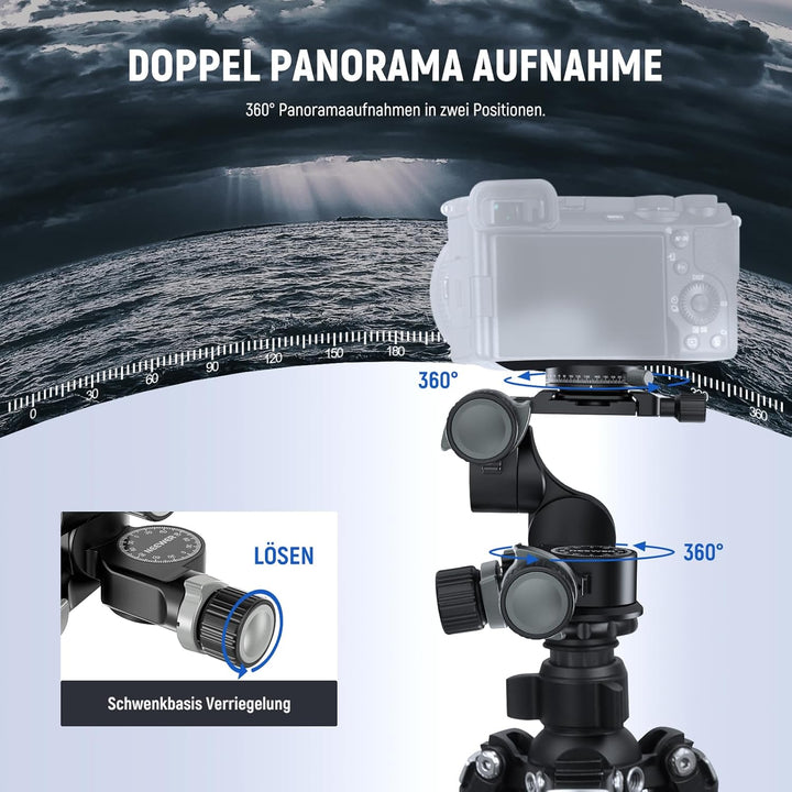 NEEWER TH15 3-Wege-Getriebe-Stativkopf mit 360°-Panorama-Arca-QR-Platte, Millimeter-Mikroeinstellung