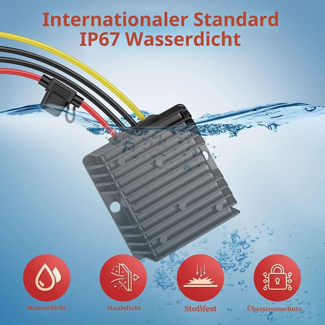 24V auf 12V 10A 120W, Spannungswandler 24V zu 12V mit Sicherung Wasserdicht und Schnellverbinder Kab