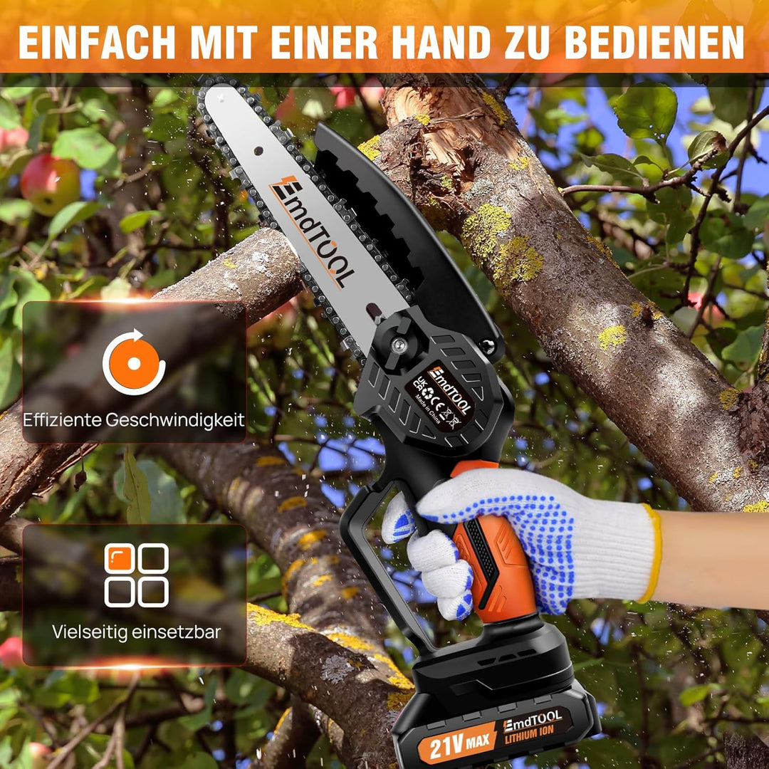 Mini Kettensäge 21V, 6 Zoll Akku Stsäge mit 3.0Ah Akku und Schnell-Ladegerät, Mit Sicherheitsverrieg