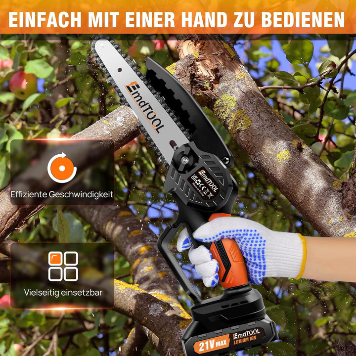 Mini Kettensäge 21V, 6 Zoll Akku Stsäge mit 3.0Ah Akku und Schnell-Ladegerät, Mit Sicherheitsverrieg