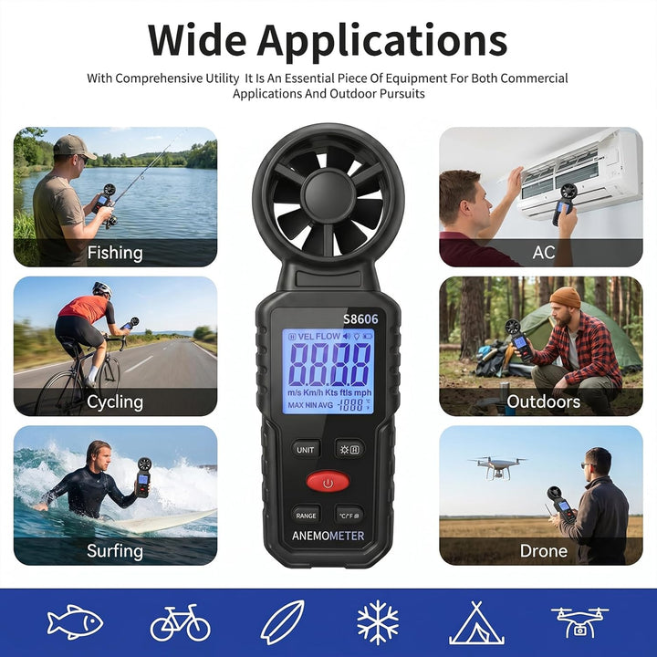 Handheld Digital Anemometer Windmesser 3 in 1, Temperatur- und Windchillanzeige, Luftstrom- und Luft