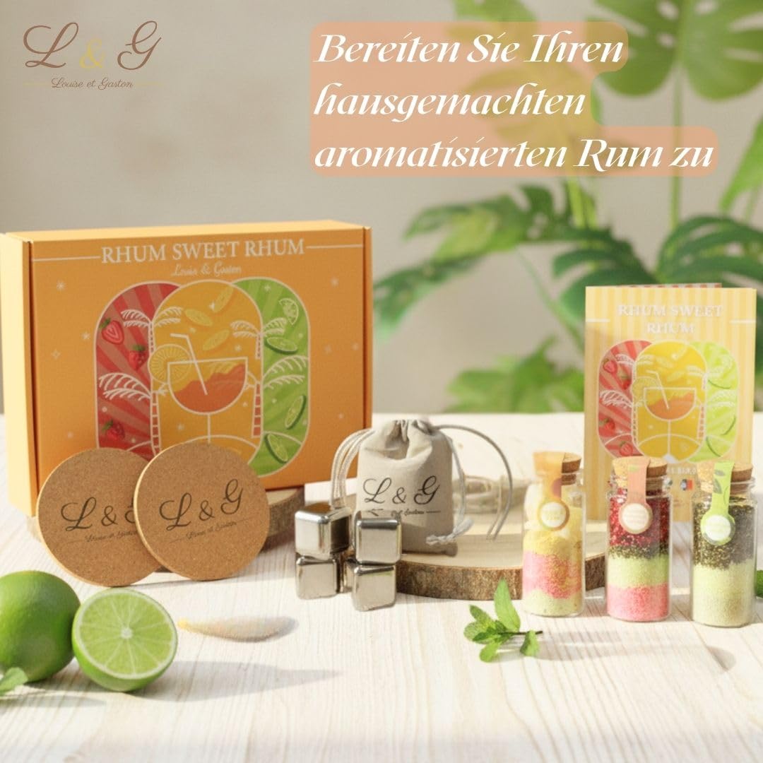 L&G – Rum Sweet Rum Geschenkset | Rum Selber Machen Set mit 3 Gewürzflaschen, Edelstahl-Eiswürfeln &