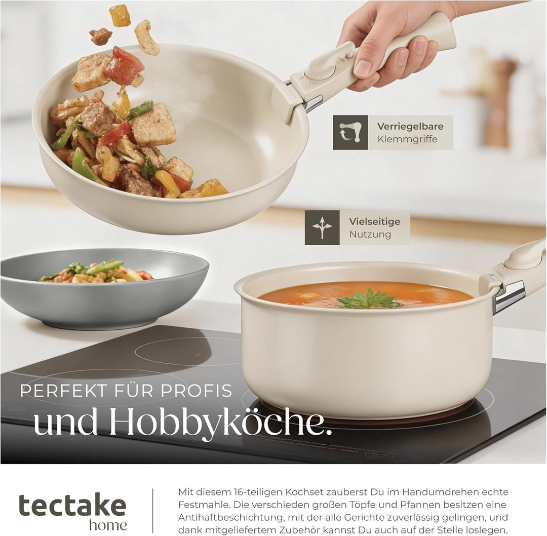 tectake® Küchenstarterset 6 Personen, Steingut Geschirr Set, Teller, 3 Pfannen, 2 Töpfe, rostfreies