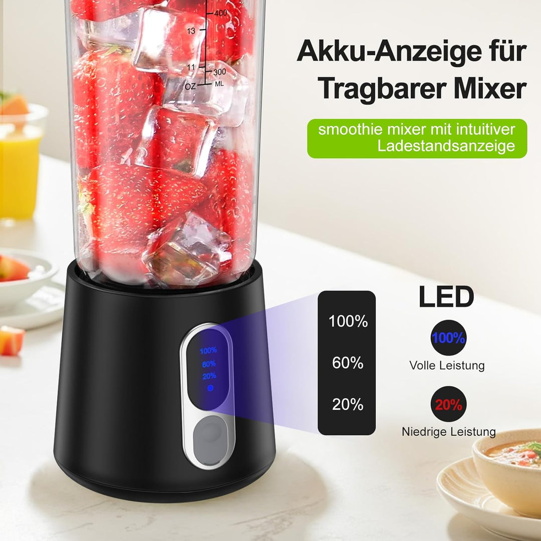 Tragbarer Mixer Smoothie Maker to go, 500ml Smoothie Mixer mit 4 Rostfreien Klingen Zerkleinert Eis