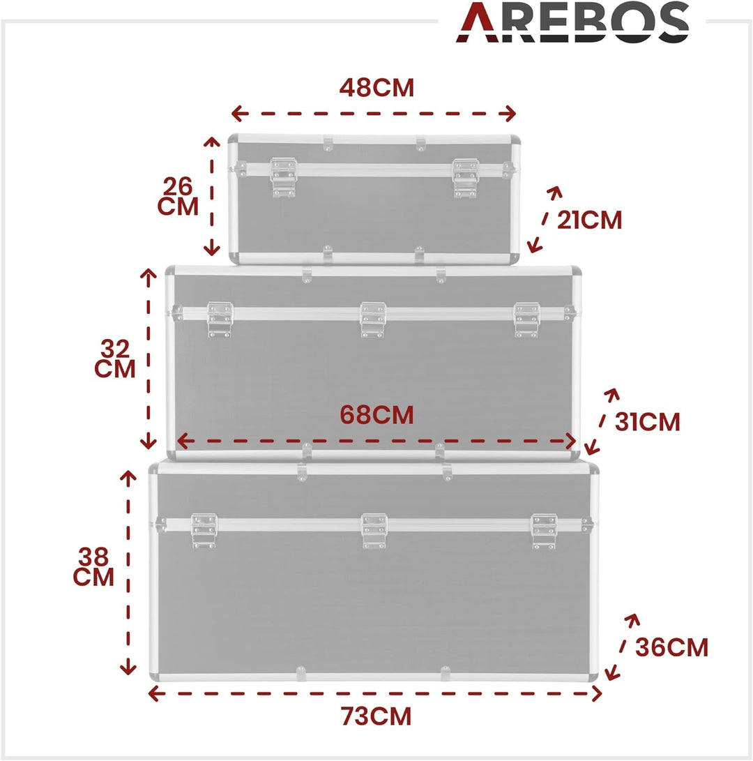 Arebos 3er Set Transportkoffer | Aluminium | 200 L Gesamtvolumen | abschliessbar | inkl. Tragegriffe