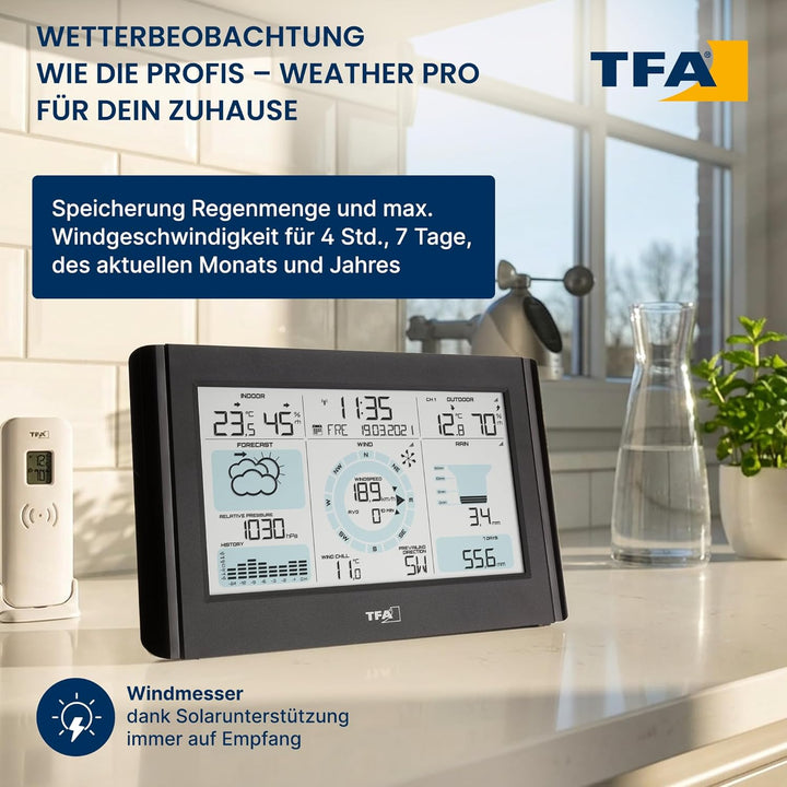 TFA Dostmann Weather Pro Funk Wetterstation, 35.1161.01, mit Windmesser, Regenmesser, Aussensensor,