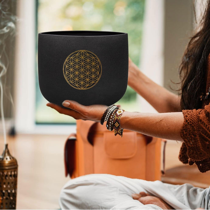 Hye-eun Kristall-Klangschale, 528 Hz C Note Schwarz Quarz Klangschalen mit Blume des Lebens (Life Fl