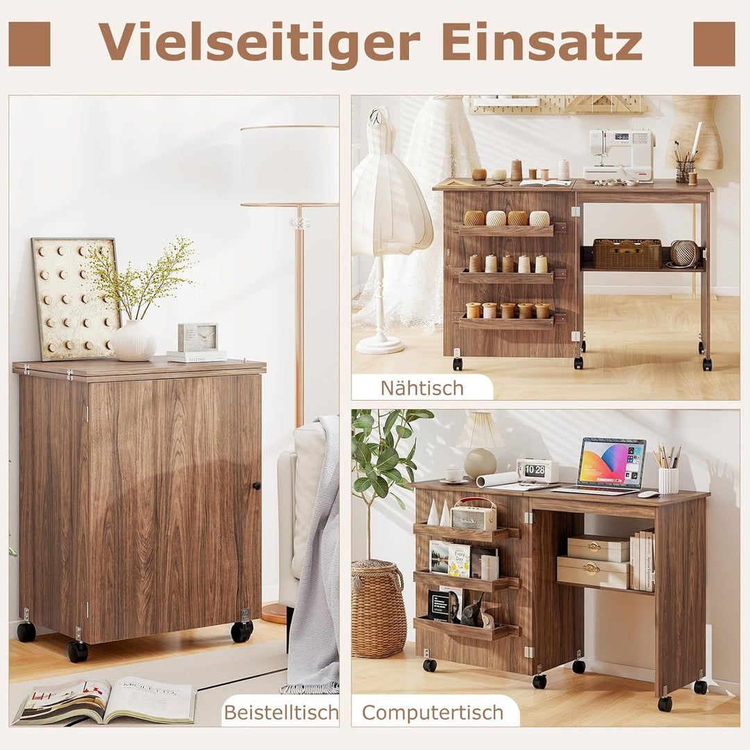 GIANTEX Nähtisch klappbar, Nähmaschinentisch auf Rollen, Nähtisch für Nähmaschine, Nähschrank Holz,