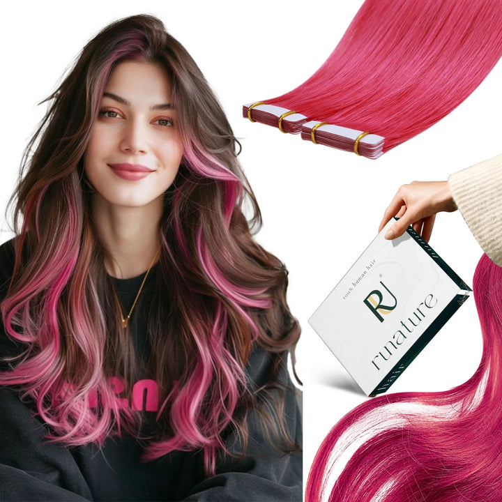 RUNATURE Tape in Extensions Echthaar Rosa 30cm Invisible Tape Extensions Echthaar Heiss Pink Menschl