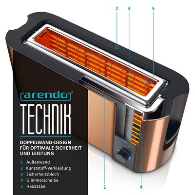 Arendo - Automatik Toaster Langschlitz - Defrost Funktion - Wärmeisolierendes Doppelwandgehäuse - in