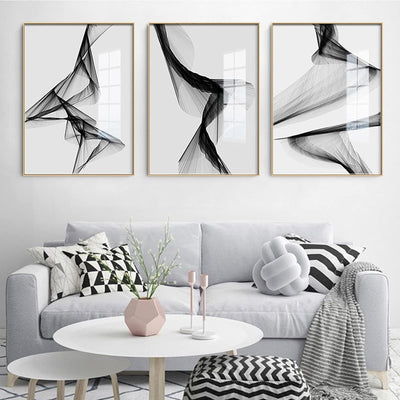MENAYODA Leinwand Wandkunst Malerei, 3er Set Ohne Rahmen Abstrakte Linie Schwarz Weiss Kunst Wandkun