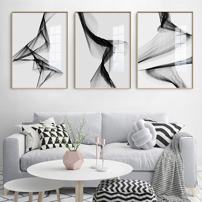 MENAYODA Leinwand Wandkunst Malerei, 3er Set Ohne Rahmen Abstrakte Linie Schwarz Weiss Kunst Wandkun