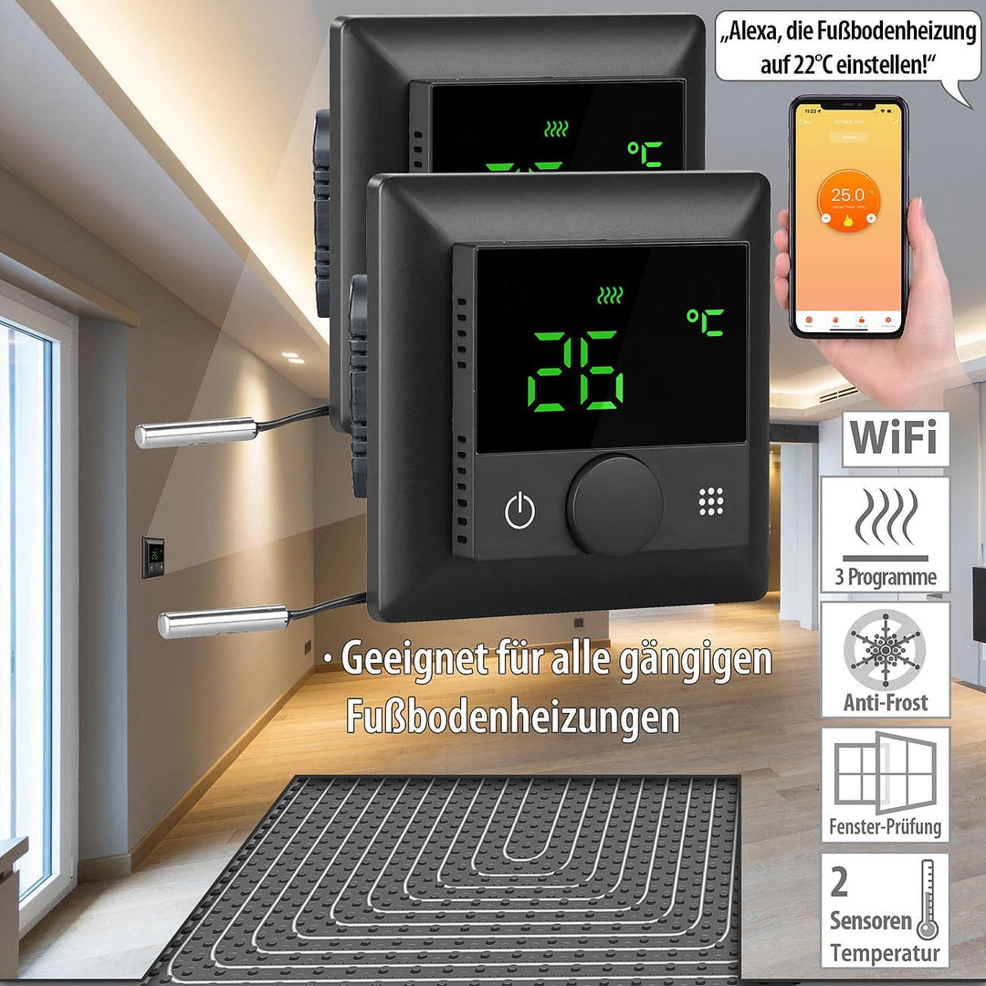 revolt Thermostat Heizung WLAN: 2er-Set WLAN-Fussbodenheizungs-Thermostate mit Sprachsteuerung, schw