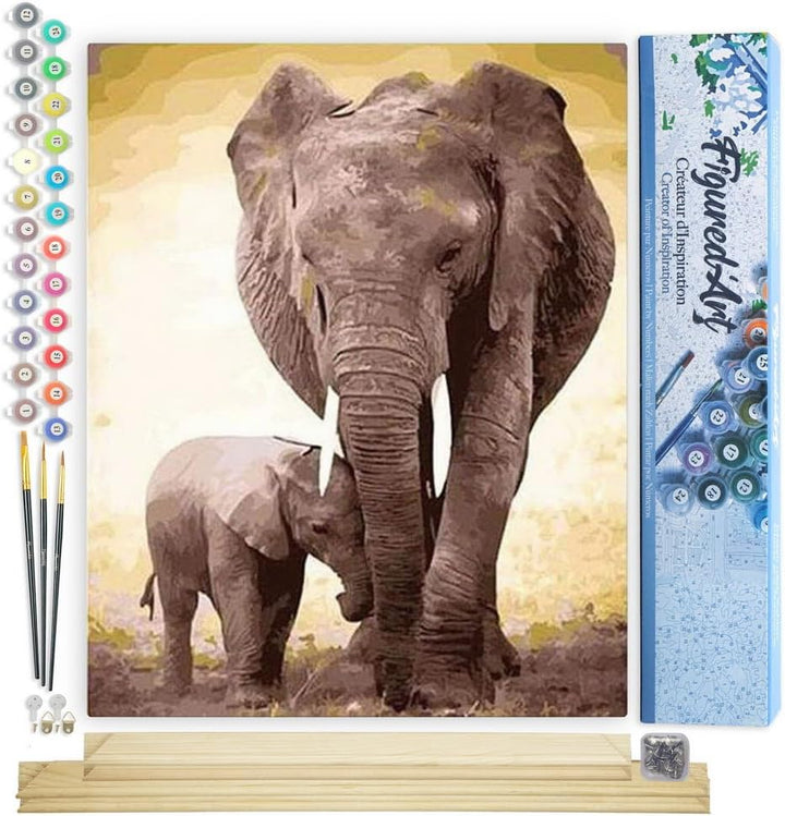 Figured'Art Malen Nach Zahlen Erwachsene Mit Rahmen Elefant und ihr Kalb - Paint by Numbers Basteln