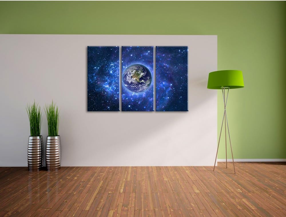 Pixxprint Planet Erde im Weltraum als Leinwandbild | Grösse: 3 Teilig (120x80) | Wandbild| Kunstdruc