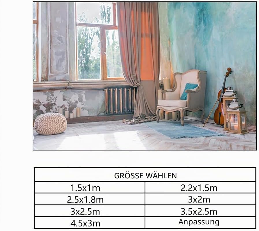 YongFoto 3x2m Vinyl Foto Hintergrund Indoor Szene Fenster Vorhang Geige Sofa Blau gemalte Wand Fotog