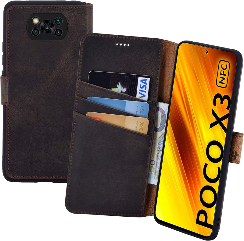 Suncase Book-Style Hülle kompatibel mit Xiaomi Poco X3 NFC Leder Tasche (Slim-Fit) Lederhülle Handyt