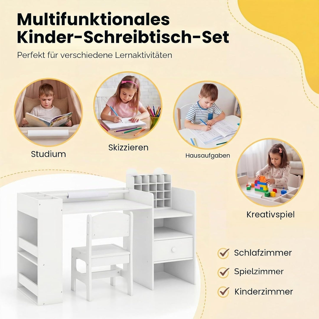 LIFEZEAL Kindertisch mit Stuhl, Zeichentisch Kinder mit Abnehmbarer Papierrolle &amp; Aufbewahrungsschra