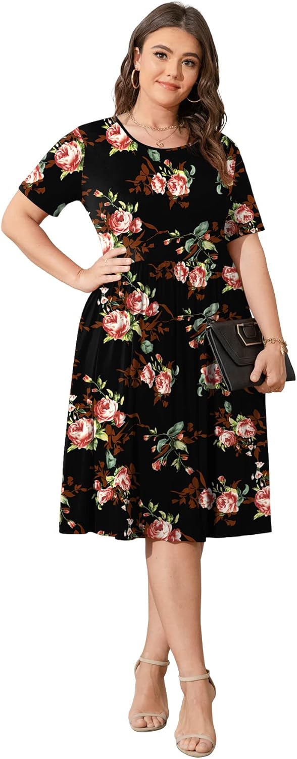 POSESHE Damen-Sommerkleid in Übergrösse 2023, lässig, kurzärmelig, Empire-Taille, lockere Passform,