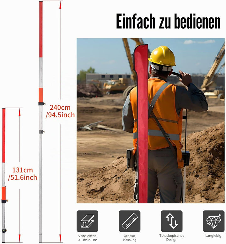 Laser-Grade-Stab, Laser-Wasserwaage für Rotationslaser mit Schnellverschluss-Aluminiumstab zum Messe