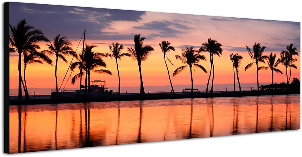 Panoramabild auf Leinwand und Keilrahmen 150x50cm Hawaii Strand Meer Palmen Sonnenuntergang