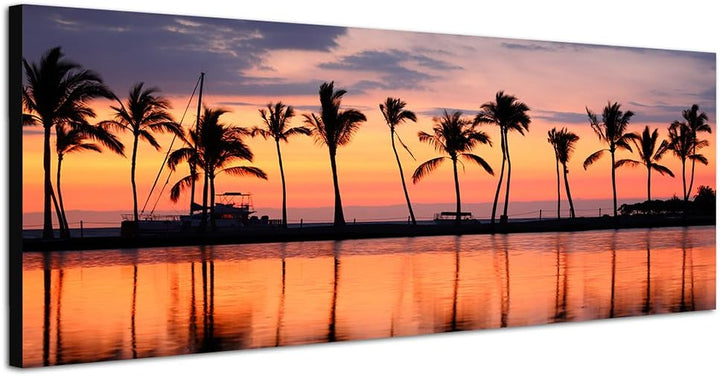 Panoramabild auf Leinwand und Keilrahmen 150x50cm Hawaii Strand Meer Palmen Sonnenuntergang