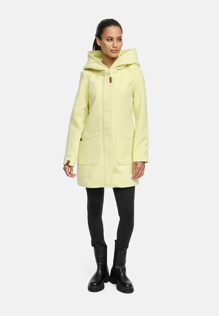 MARIKOO Damen Mantel in Wollmantel-Optik Warmer Trenchcoat mit Kapuze Maikoo XS-5XL S Pastel Yellow,