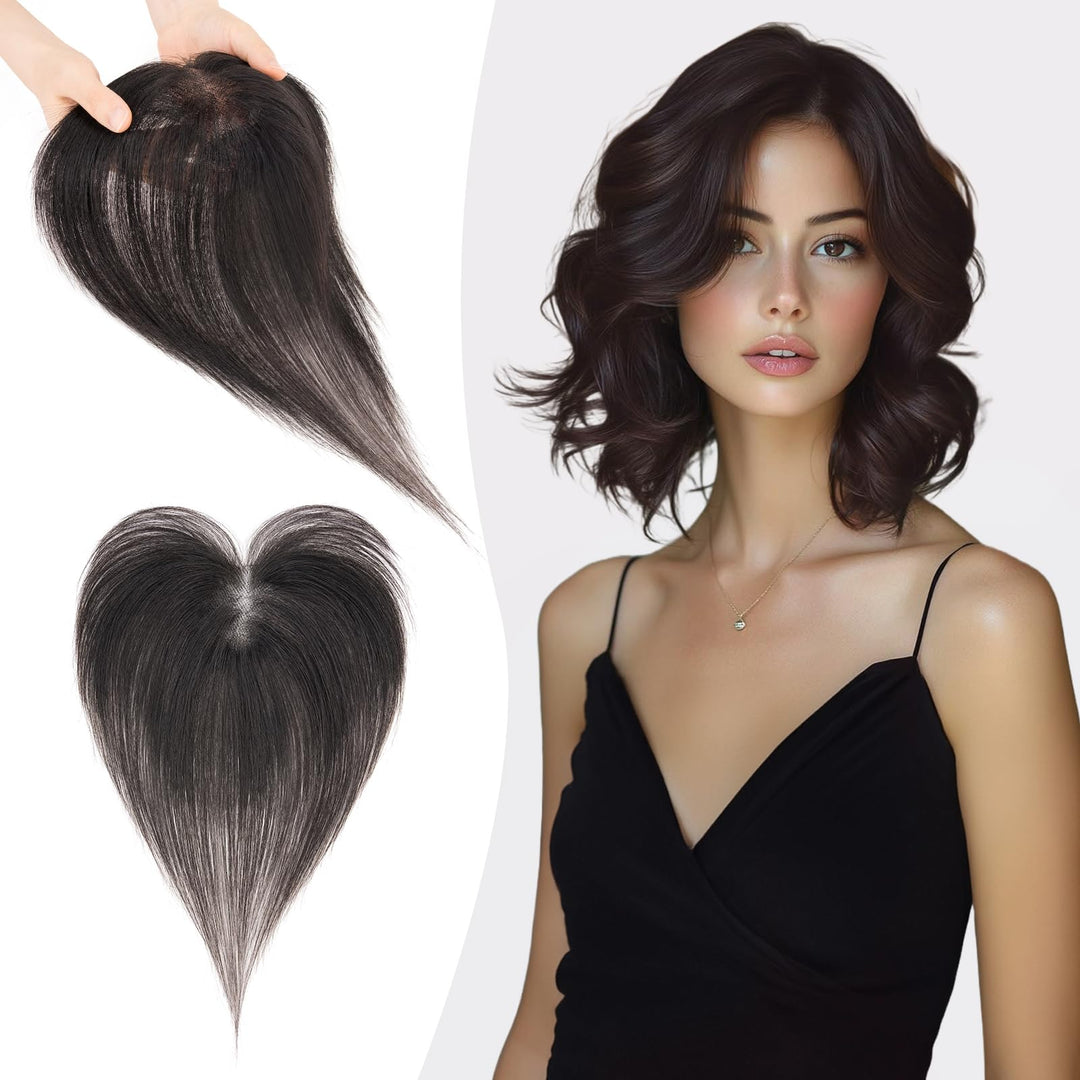 S-noilite Echthaar Toupets für Frauen Natürliches Schwarz - 9x12cm T-Sharp Haar Toppers Clip in Haar