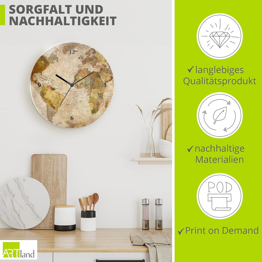 ARTLAND Wanduhr ohne Tickgeräusche Glas Quarzuhr Ø 30 cm Rund Lautlos Weltkarte Weltkarte Quarzuhr,