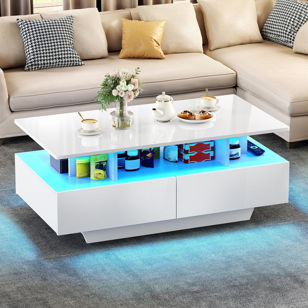 YITAHOME Couchtisch Weiss, Wohnzimmertisch Hochglanz mit 16-Farbiger LED Beleuchtung Modern, Beistel