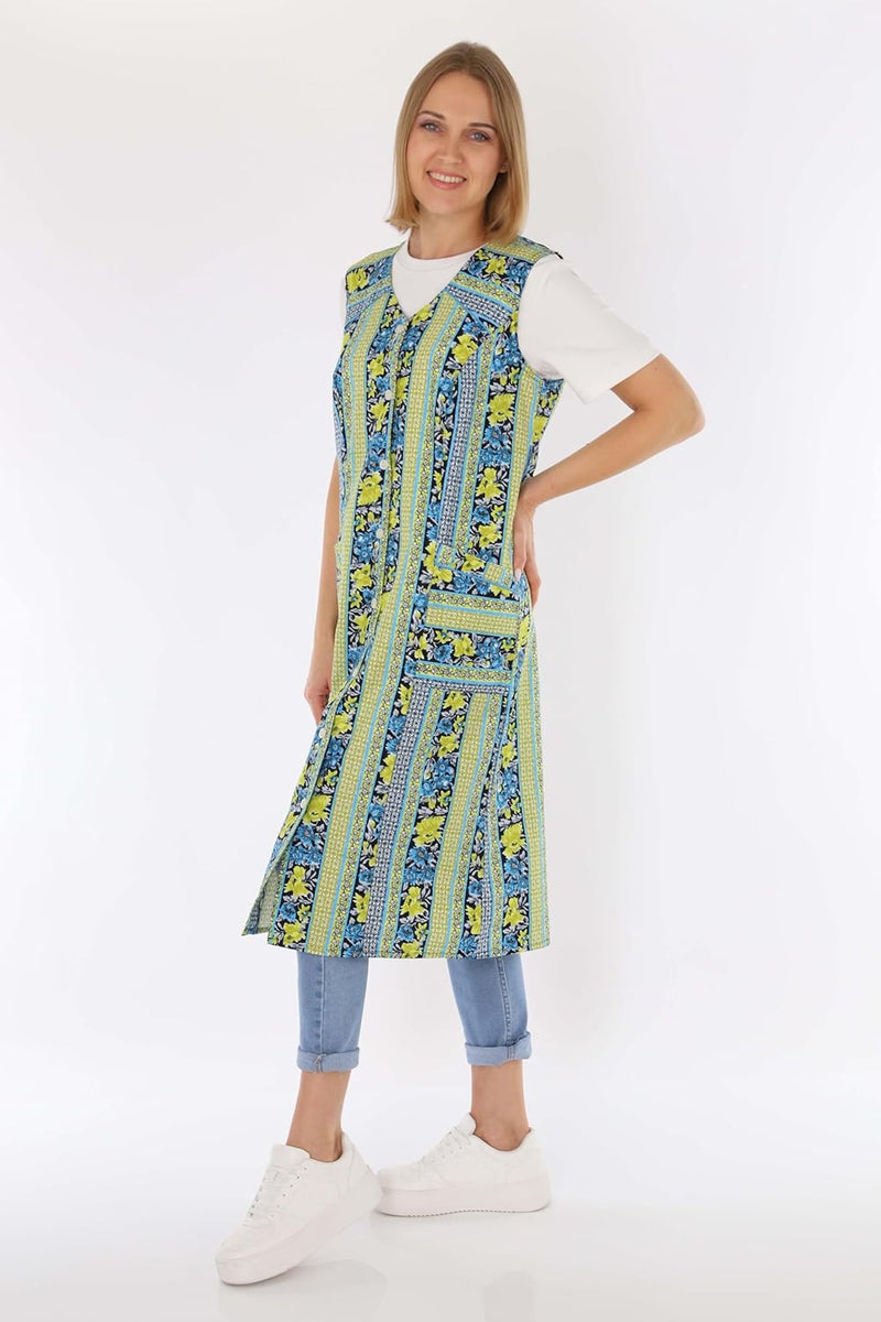 Knopfkittel Baumwolle bunt Kochschürze Hauskleid Kittel Schürze ohne Arm 38 Grün, 38 Grün