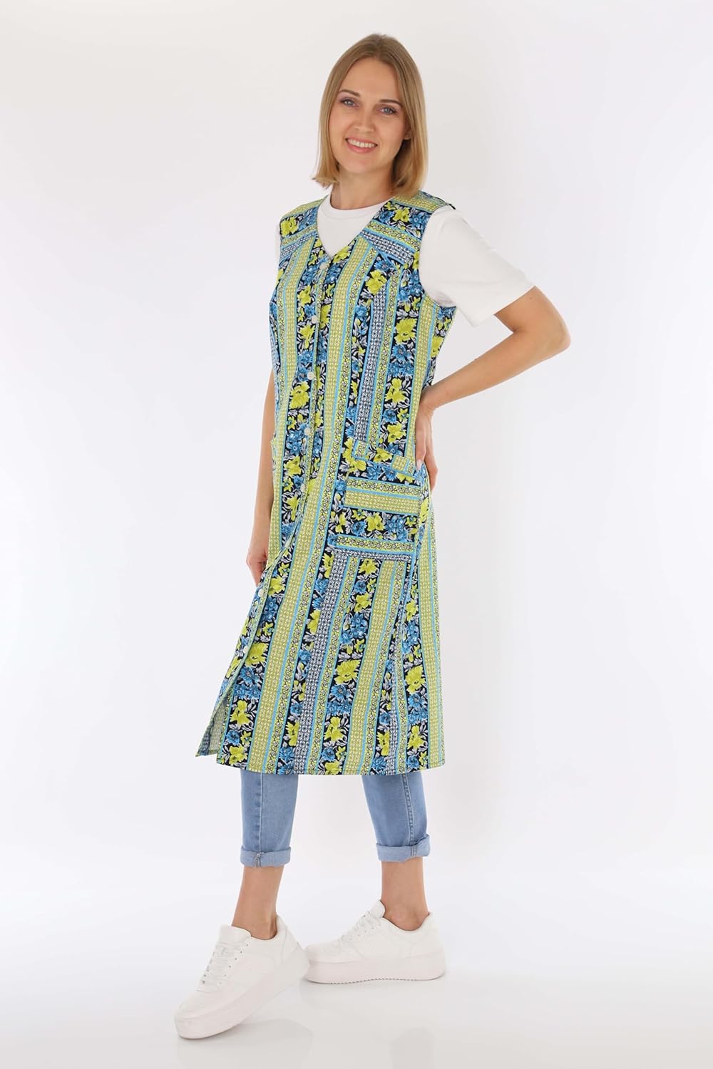 Knopfkittel Baumwolle bunt Kochschürze Hauskleid Kittel Schürze ohne Arm 40 Grün, 40 Gr&#xFC;n