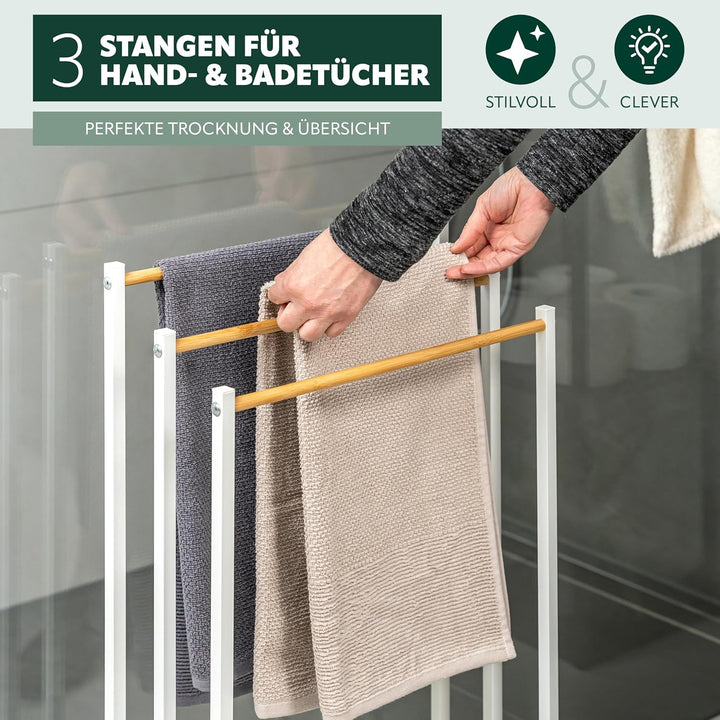 eluno Stand-Handtuchhalter freistehend, 3 Stangen, Handtuchständer, Bambus (weiss), Weiss