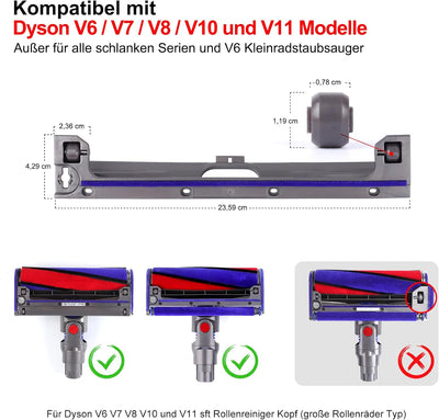 Bodenplatte + weiche Plüschstreifen + Rollen kompatibel mit Dyson V6 V7 V8 V10 V11 Weiche Rolle Stau