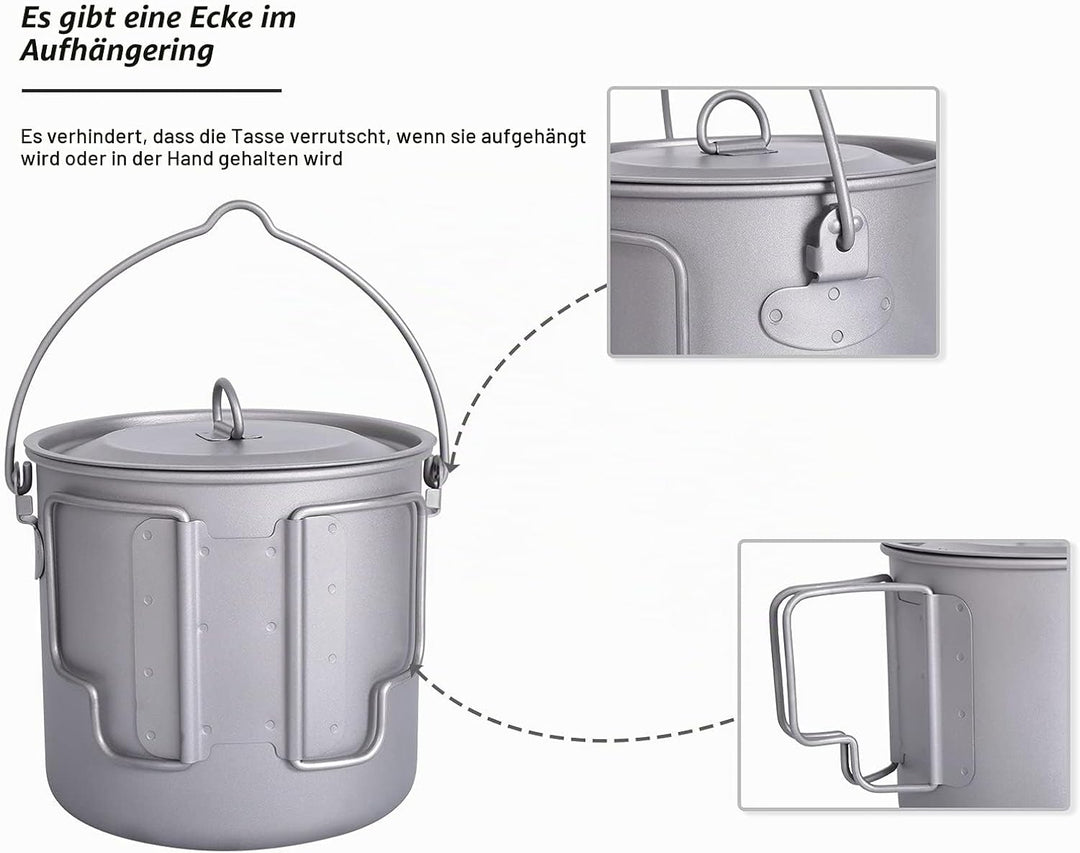 iBasingo Titan Topf Camping Becher 750ml/900ml/1100ml/1250ml Hängetopf Leichtes Kochgeschirr Tragbar