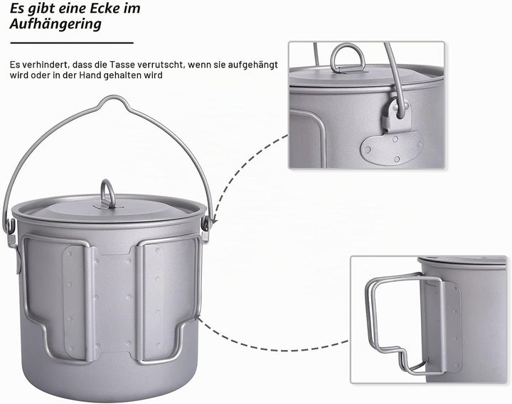 iBasingo Titan Topf Camping Becher 750ml/900ml/1100ml/1250ml Hängetopf Leichtes Kochgeschirr Tragbar