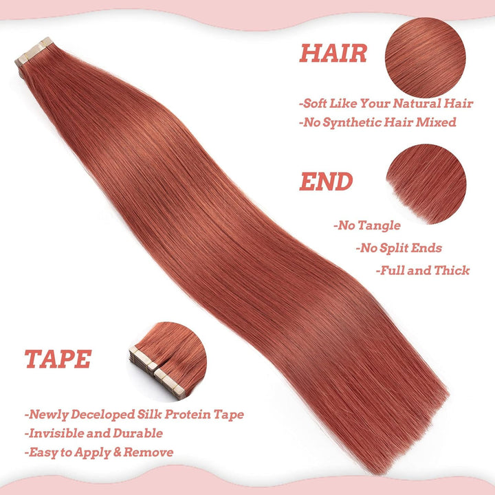 HotLulana Tape Extensions Echthaar Copper Red(#350) Extensions Echthaar 14zoll/35cm 40g Invisible Re
