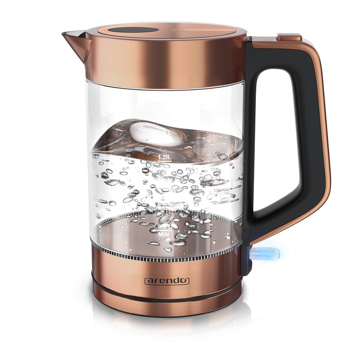 Arendo - Glas Wasserkocher Edelstahl - 1,7 Liter - 2200W - Cool Touch Griff - One Touch Verschluss -