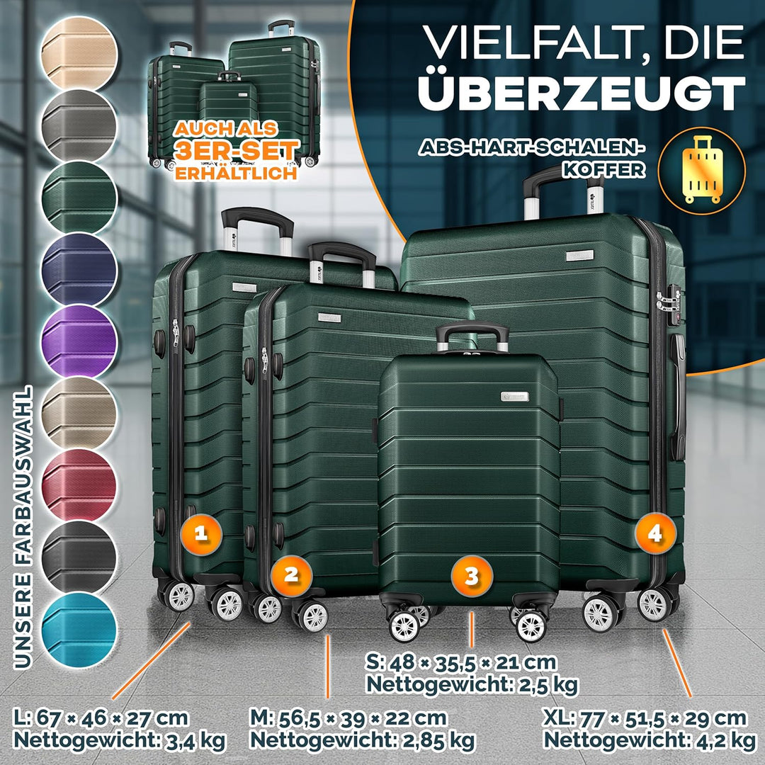 tillvex® Reisekoffer Set 4-teilig + Gepäckwaage, 8X Koffergurte & 4X Kofferanhänger | Kofferset 4 Ro