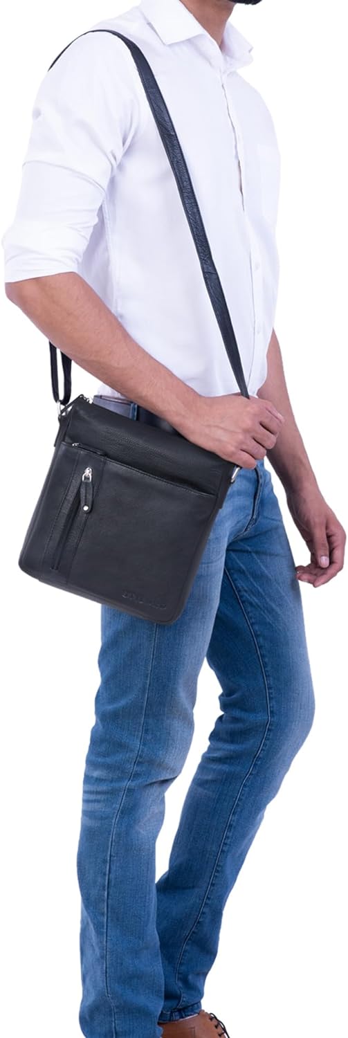 STILORD 'Brady' Messenger Bag Leder Schwarz klein Umhängetasche Schultertasche für iPad 10,1 Zoll Ta