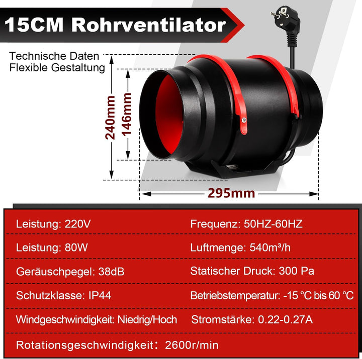 Rohrventilator 150mm mit Fernbedienung und Rückstauklappe – 540m³/h Luftzirkulation, 2-Gang Regler f
